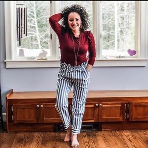 Grey and white striped paper bag pants